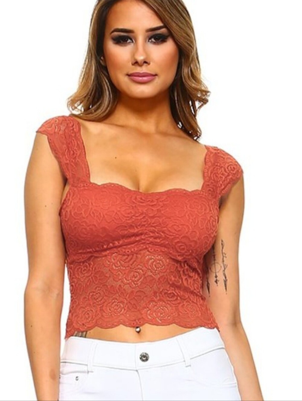 M Lace Cropped Square-Neck Tank Top Bralette - Rust